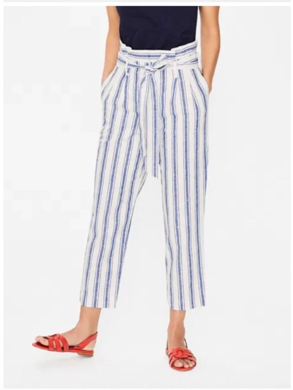 Boden St. Ives paperbag striped linen blend trousers in blue and white